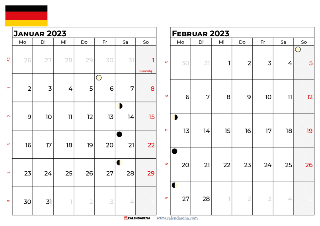 kalender januar februar 2023 Deutschland