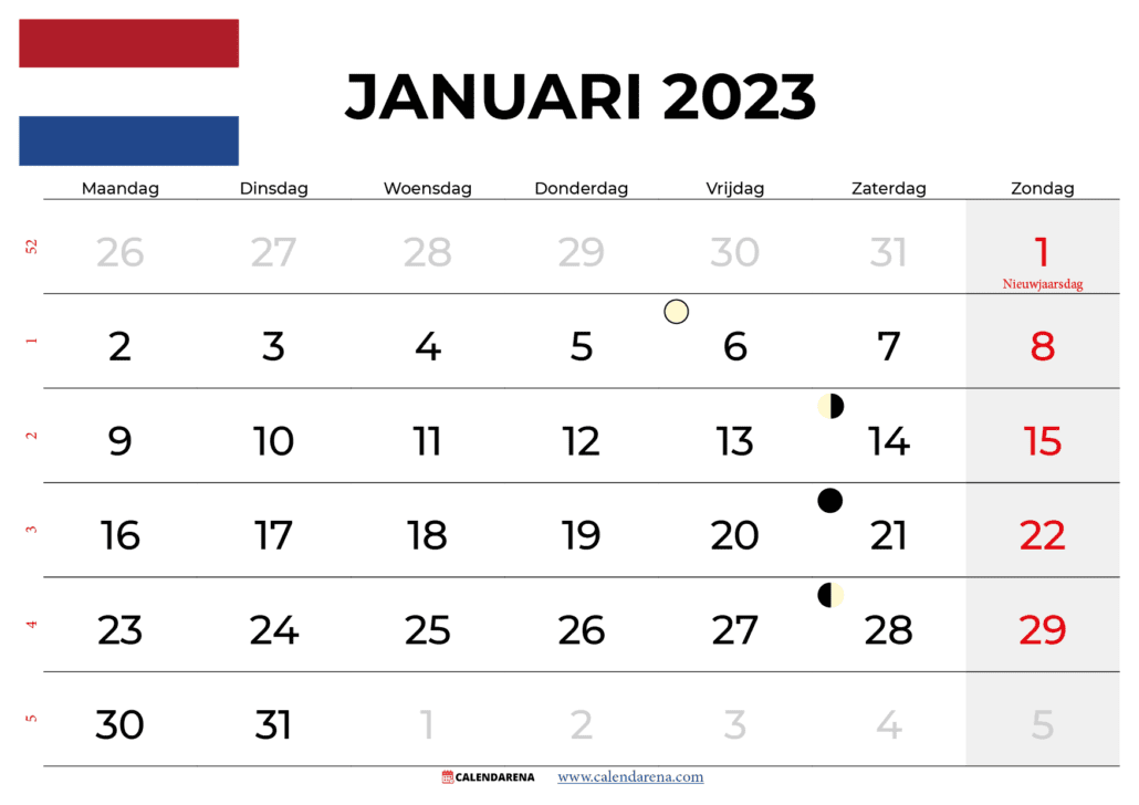 kalender januari 2023 met weeknummers Nederland