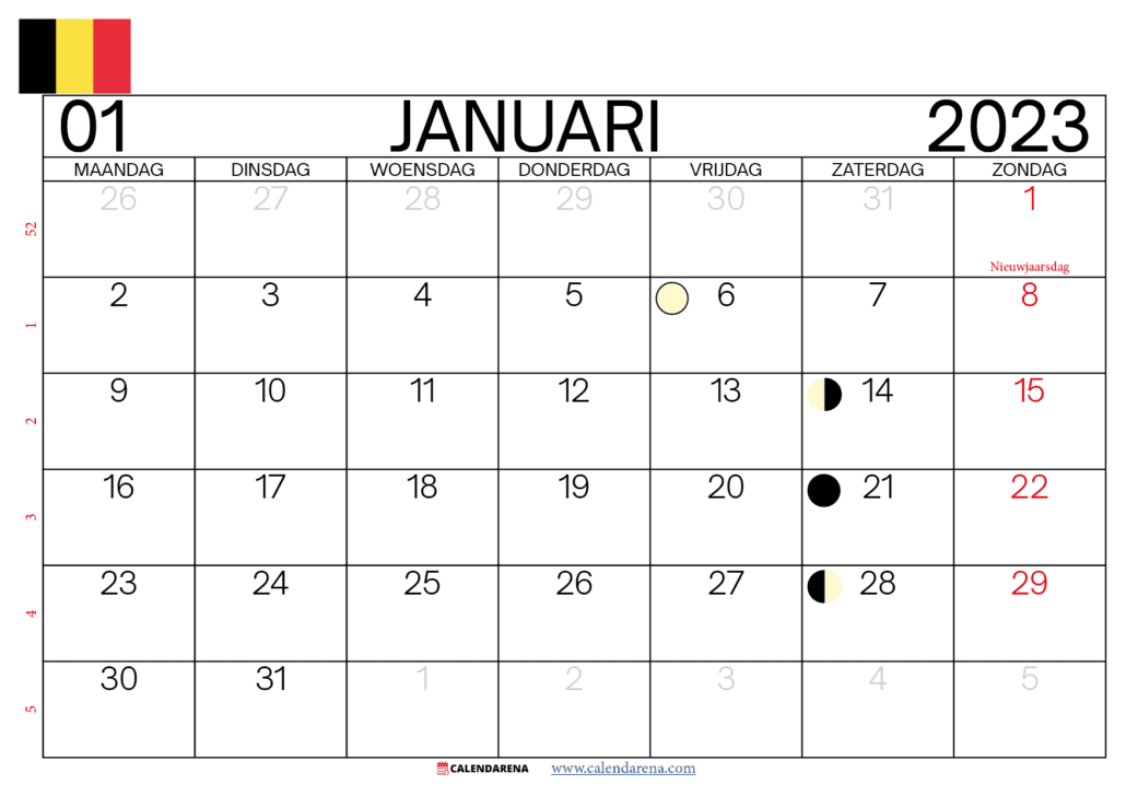 kalender januari 2023 met weeknummers belgië