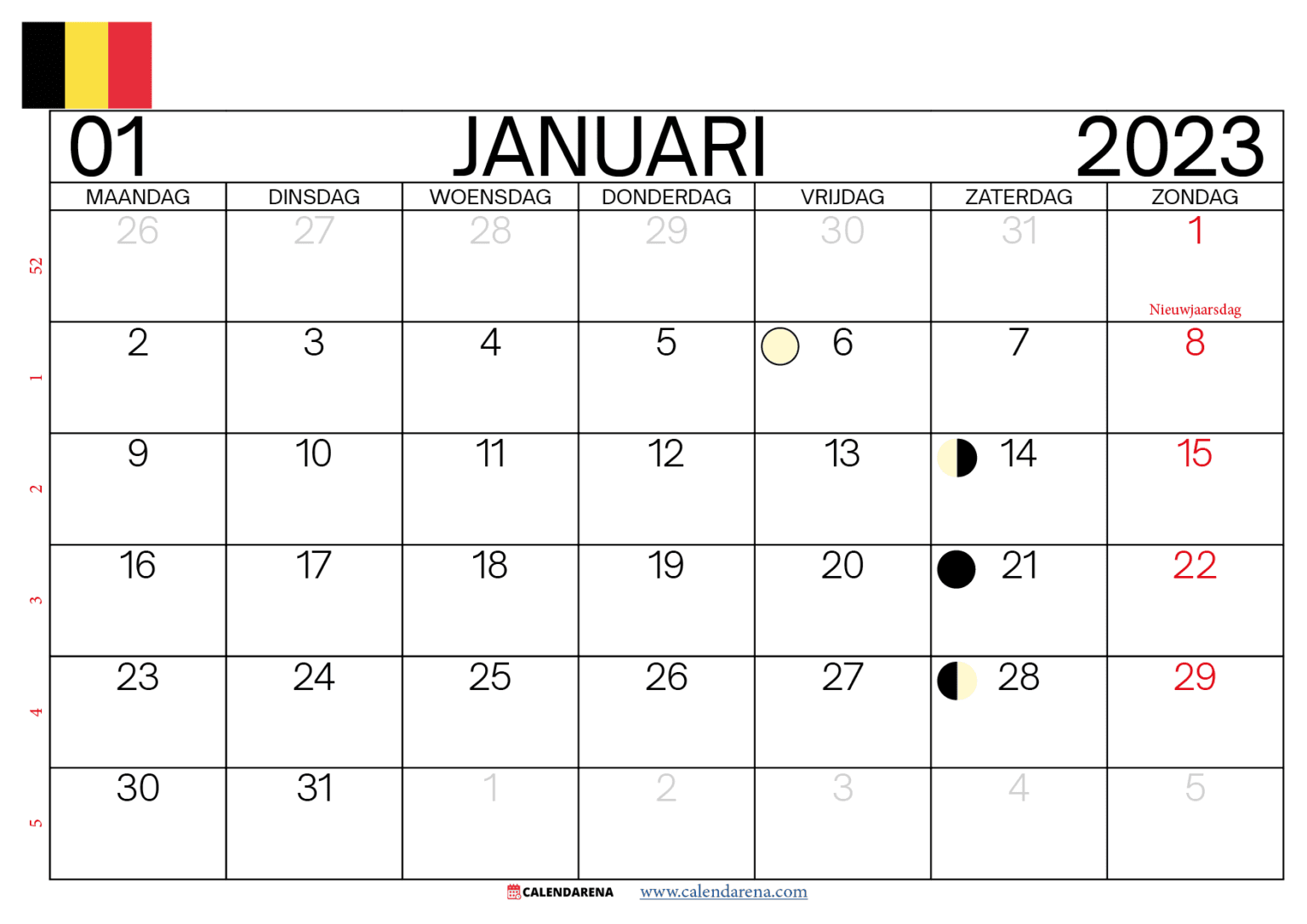 Kalender Januari 2023 België Met Weeknummers