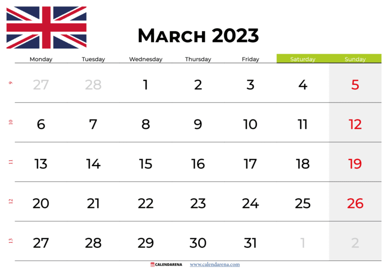 UK March 2023 Calendar Printable Free