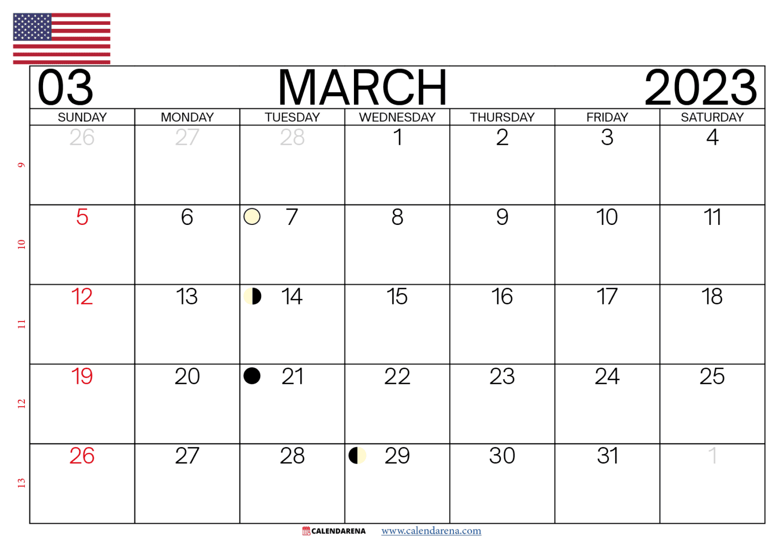 March 2023 Calendar Printable Free Usa