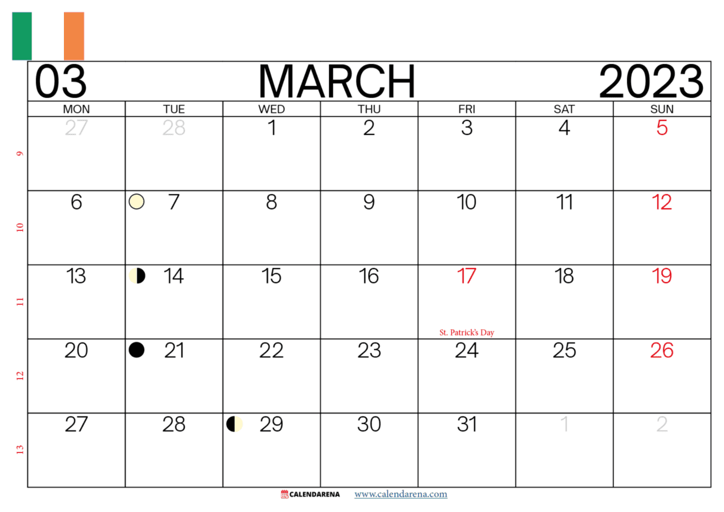march 2023 calendar printable ireland