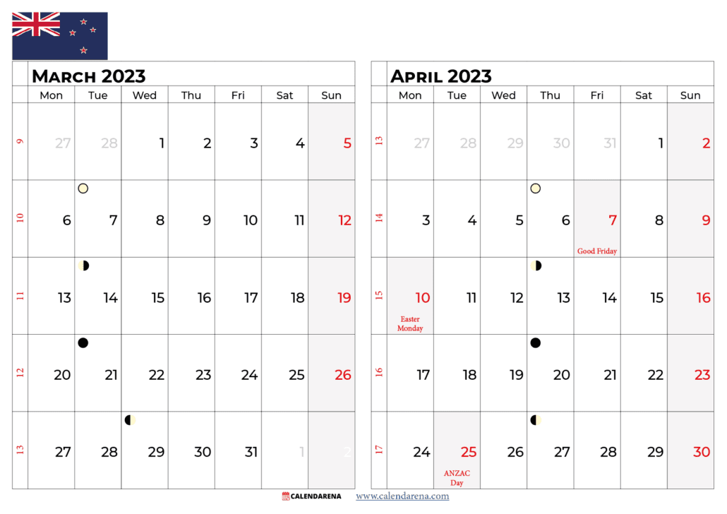march april 2023 calendar new zealand