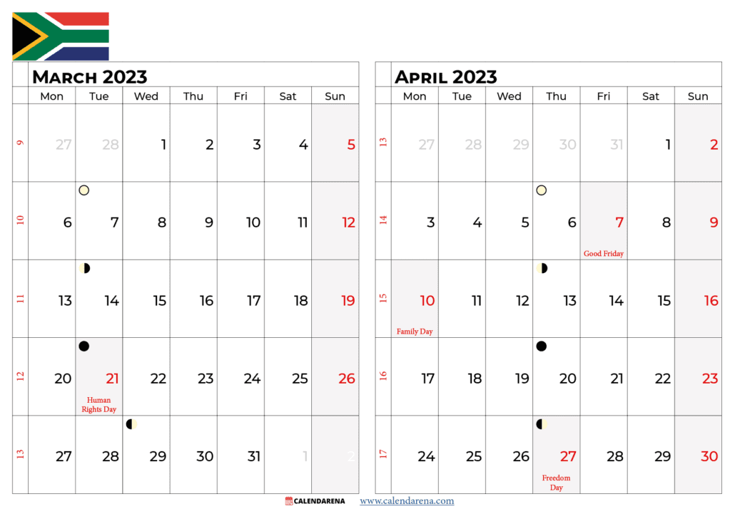 march april 2023 calendar south africa