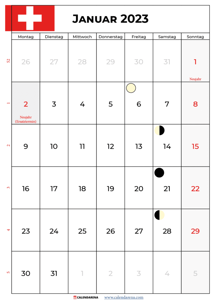 mondkalender januar 2023 Schweiz
