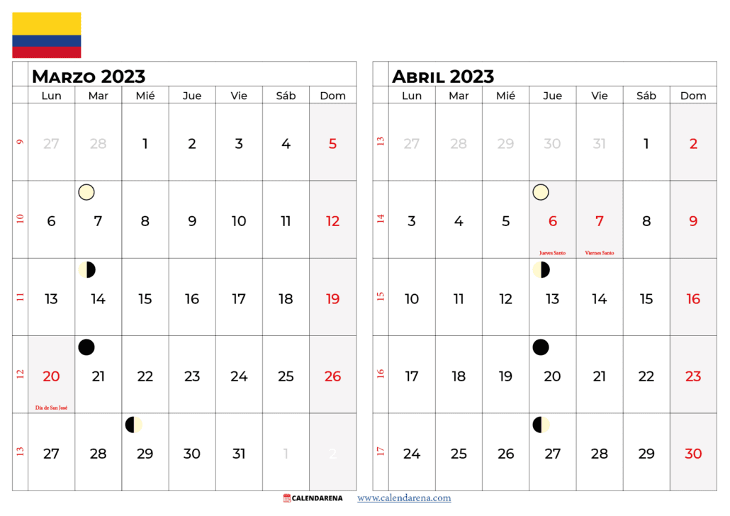 Calendario marzo abril 2023 colombia