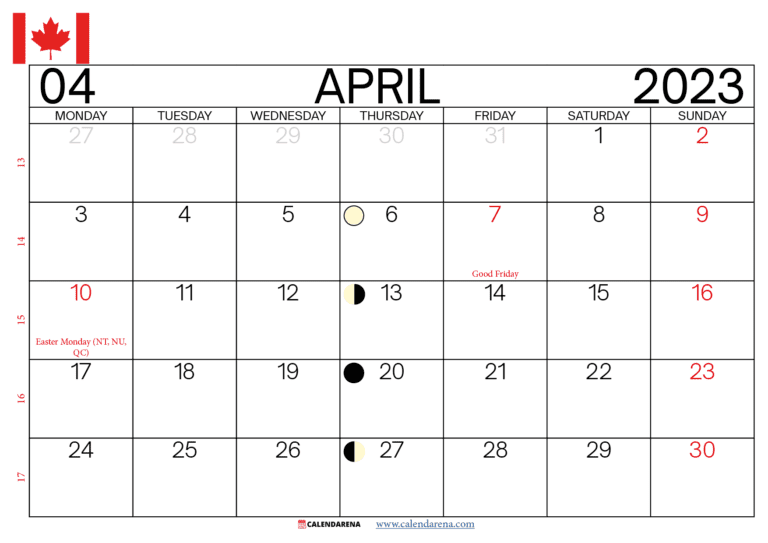 Download April 2023 Calendar With Holidays Canada