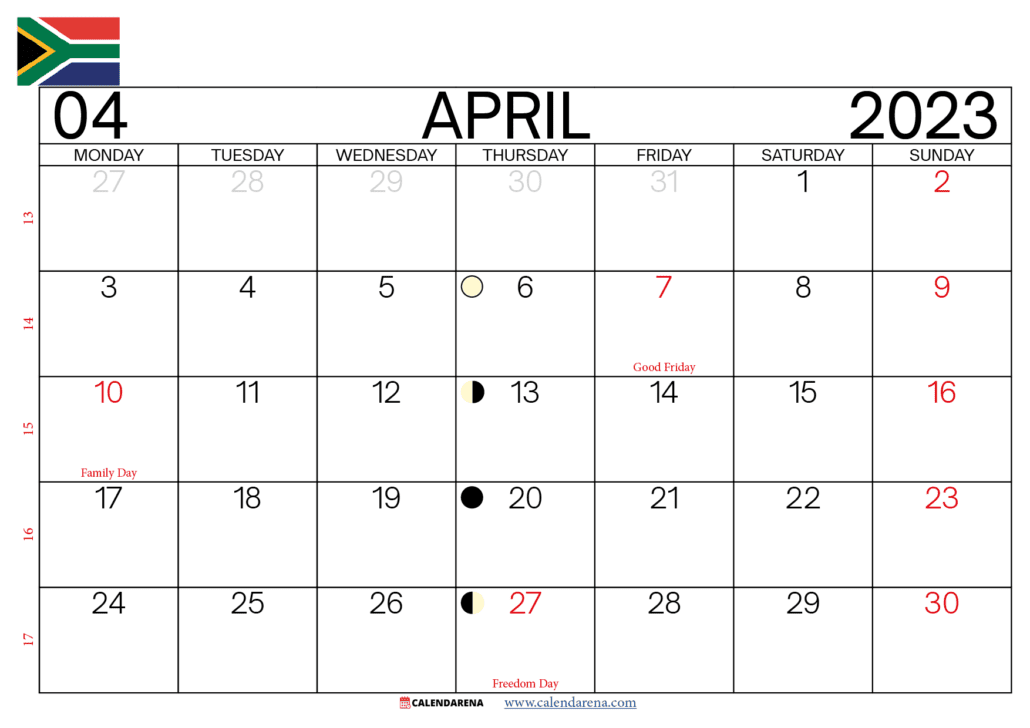 april 2023 calendar with holidays south africa