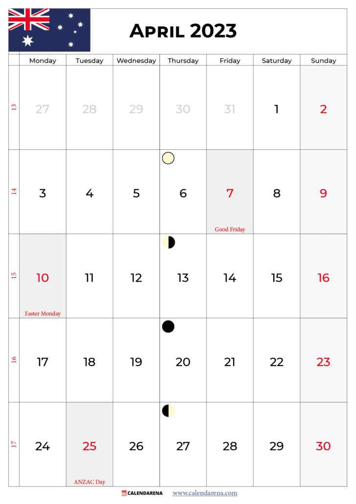 april calendar 2023 with holidays australia