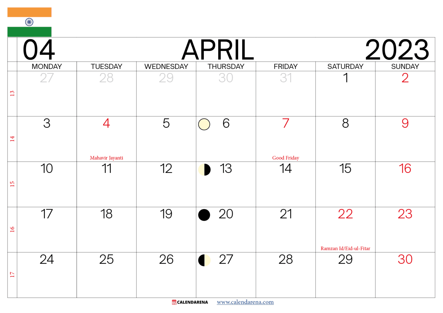 Download April 2023 Calendar With Holidays India