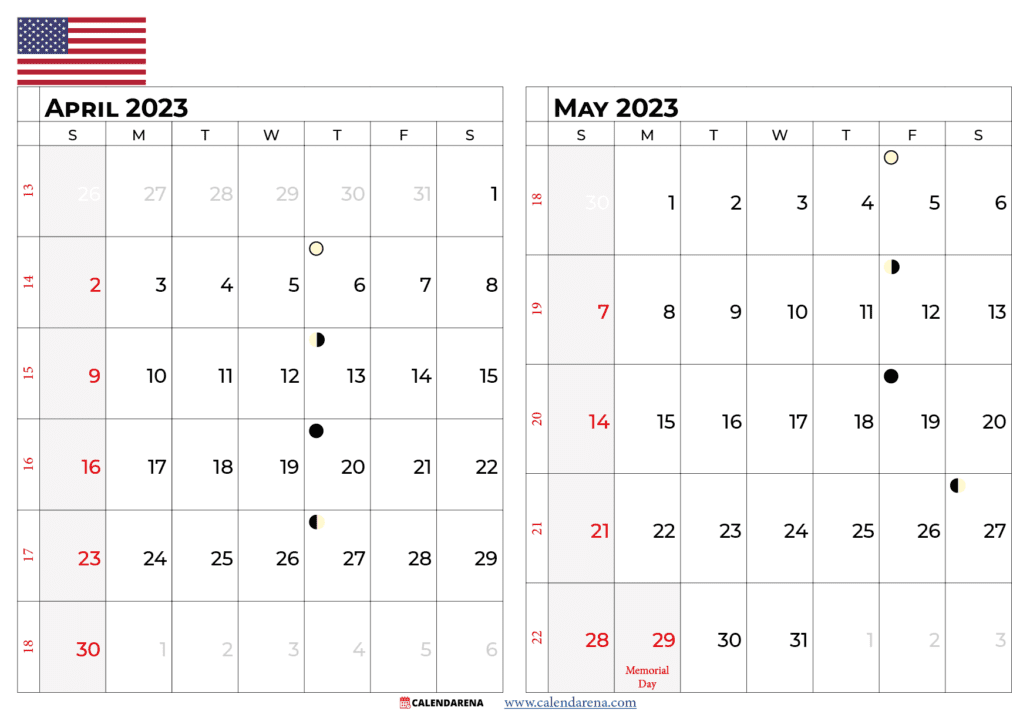 april may 2023 calendar USA