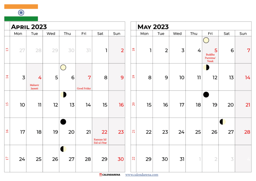 april may 2023 calendar with holidays india
