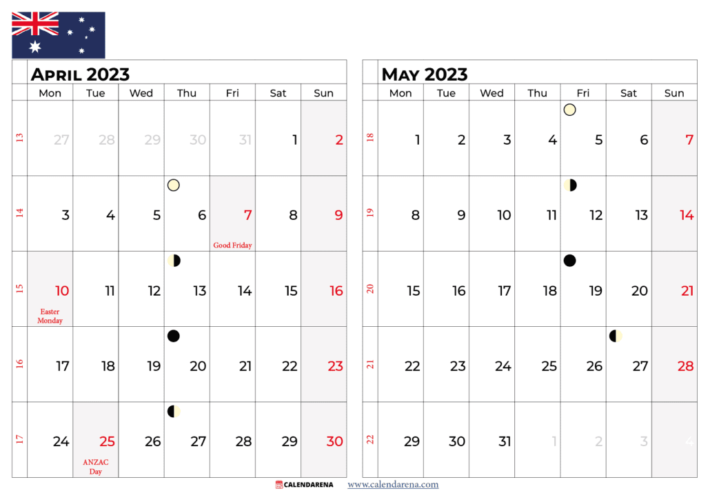 april may calendar 2023 australia