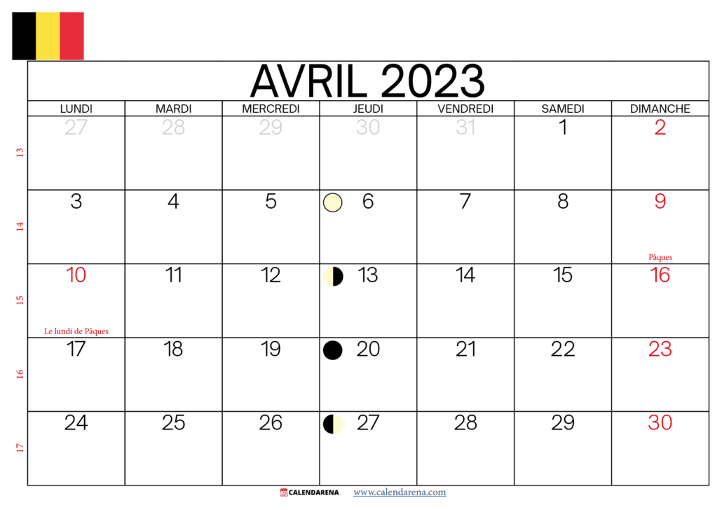 avril 2023 calendrier belgique