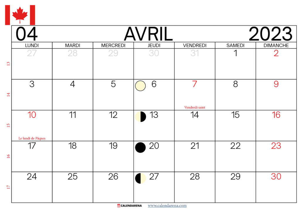 avril 2023 calendrier québec