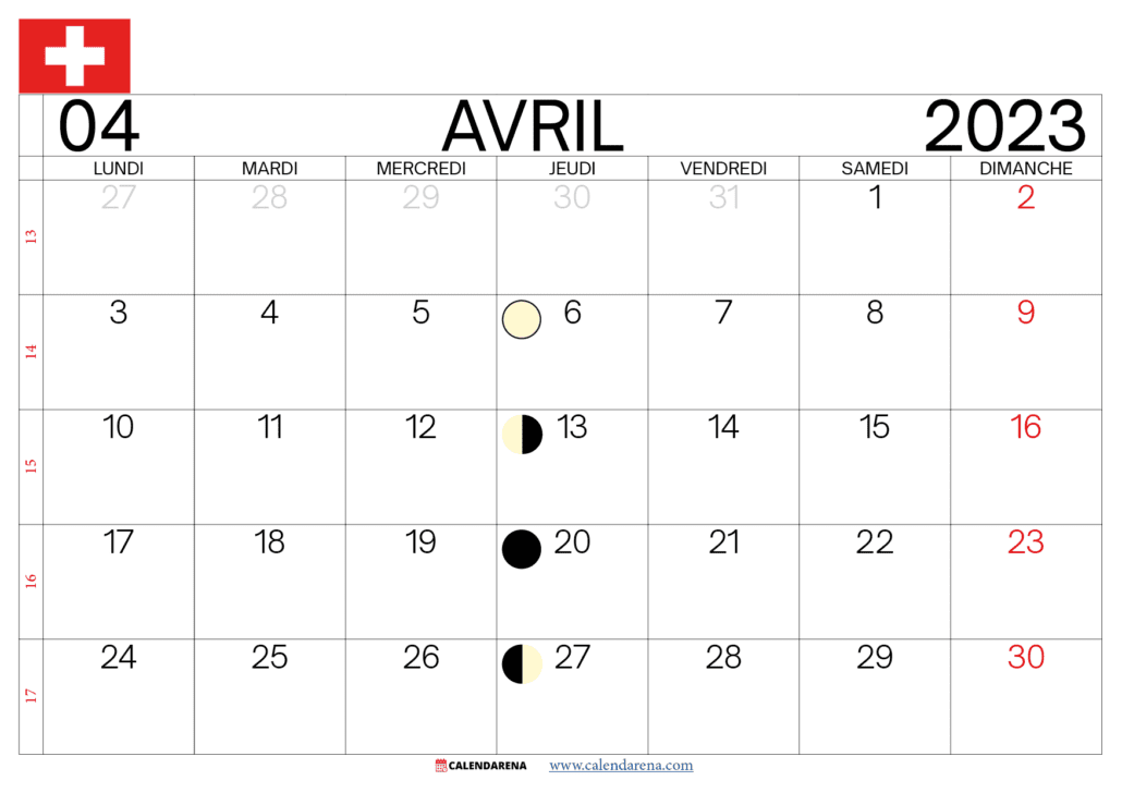 avril 2023 calendrier suisse