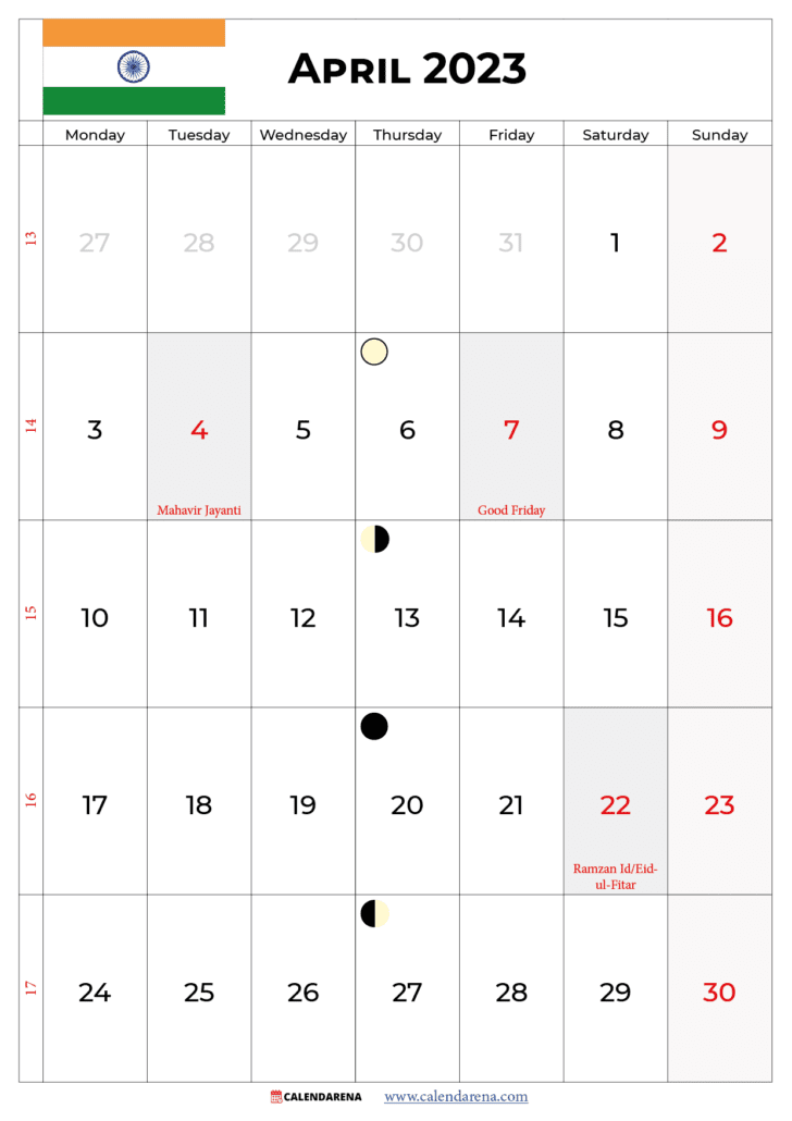 calendar april 2023 with holidays india
