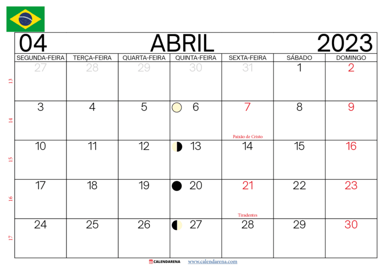 Calendário Abril 2023 Feriados Brasil