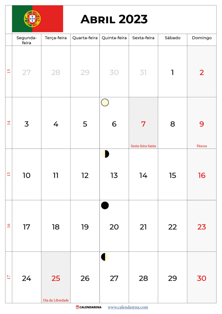 calendário abril 2023 com feriados portugal