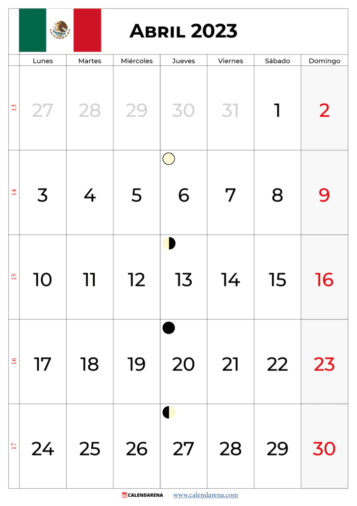 calendario abril 2023 con festivos mexico