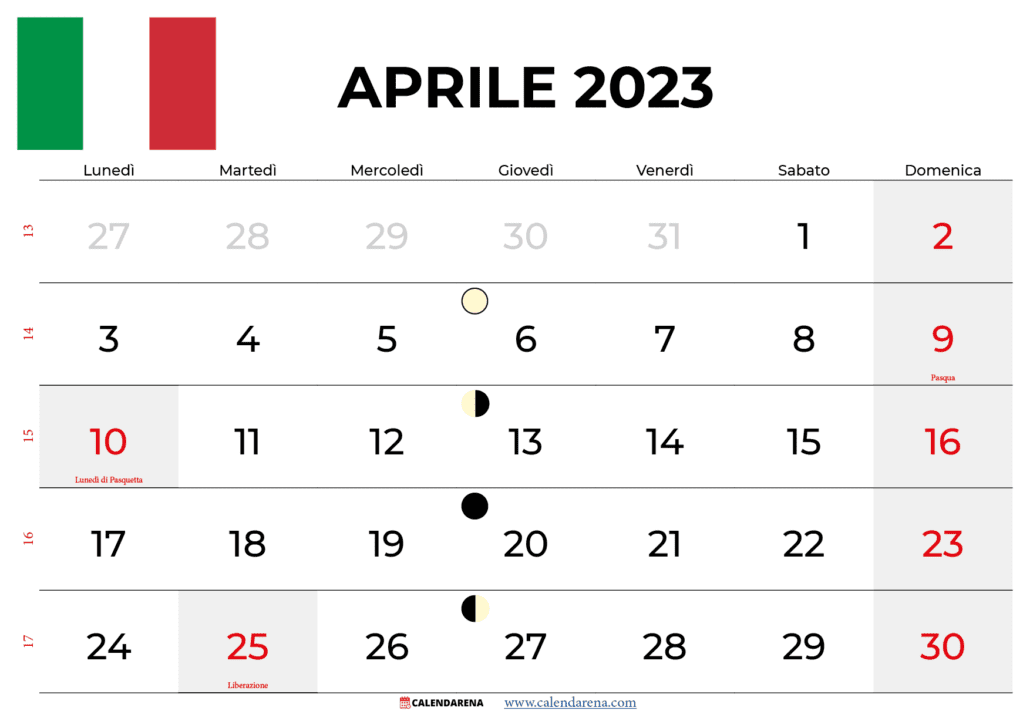 calendario aprile 2023 da stampare italia