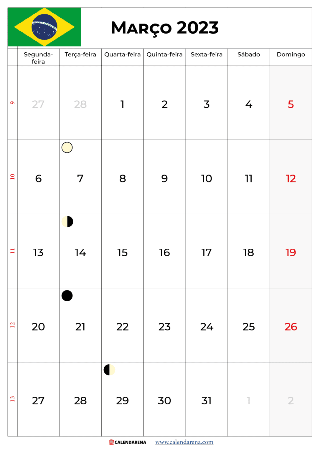 Calendario Março 2023 Feriados Brasil 1727