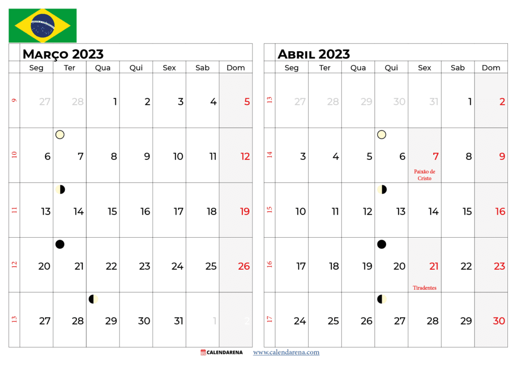 calendario março e abril 2023 brasil