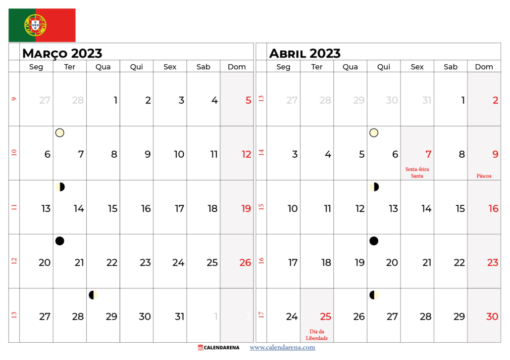 calendario março e abril 2023 portugal
