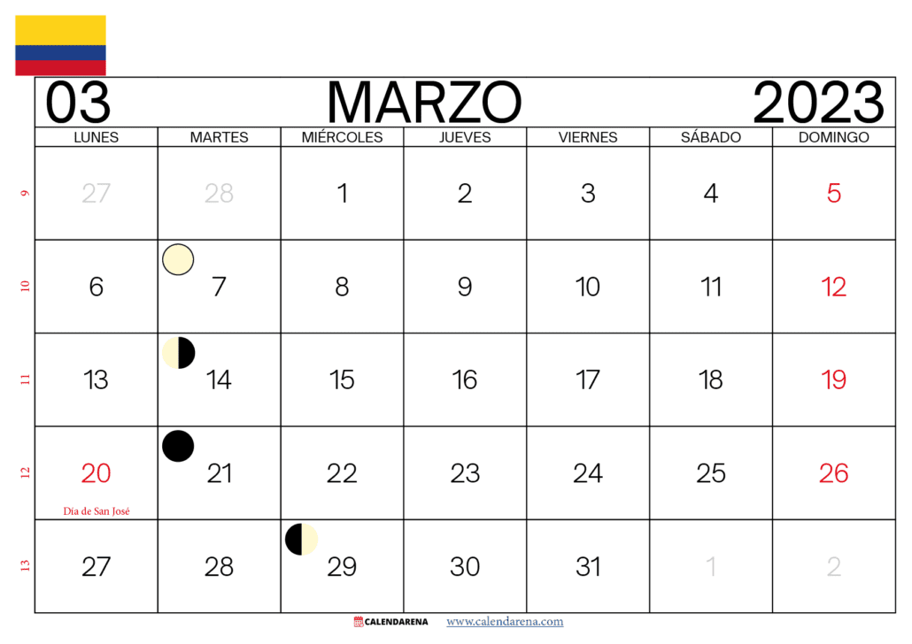 calendario marzo 2023 colombia