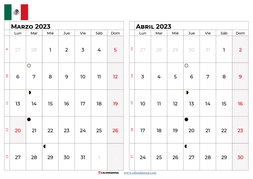 calendario marzo y abril 2023
