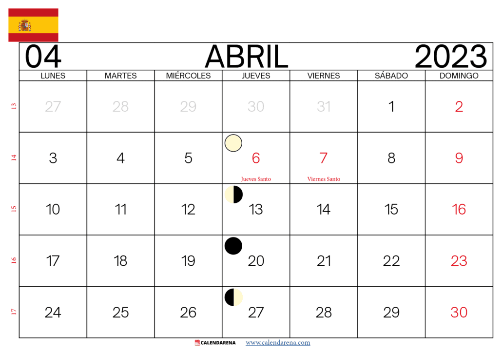 calendario mes de abril 2023 España