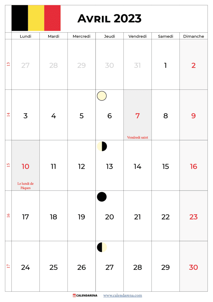 calendrier 2023 avril belgique