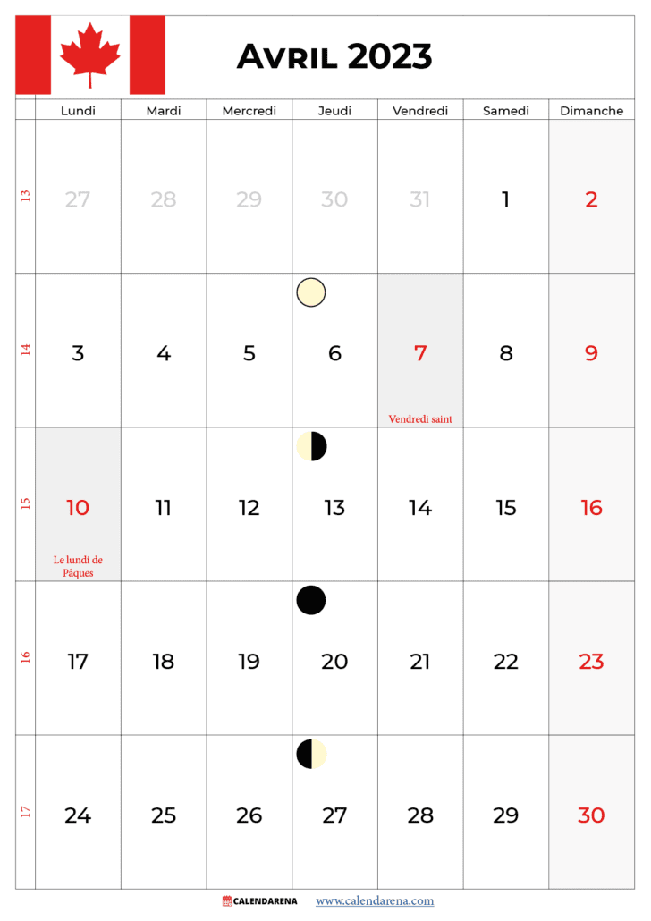 calendrier 2023 avril québec