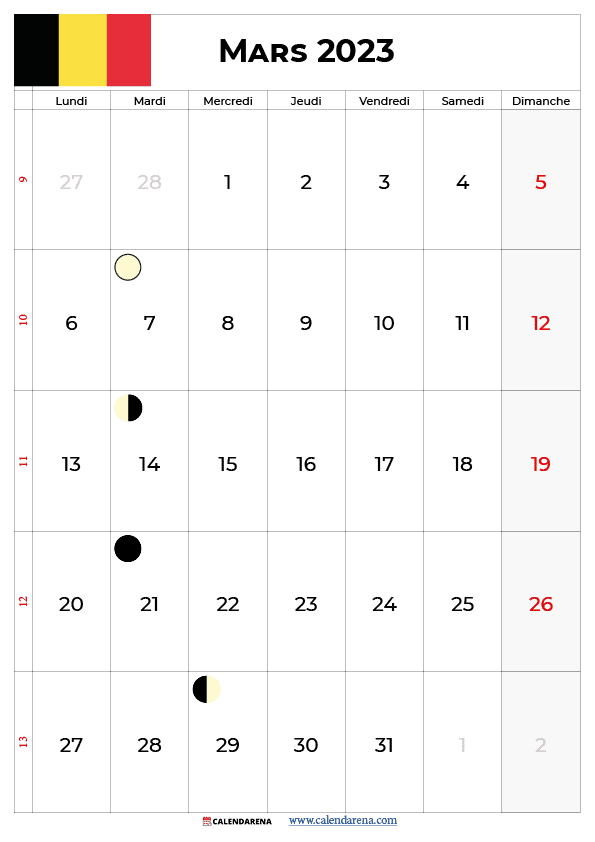calendrier 2023 mars belgique