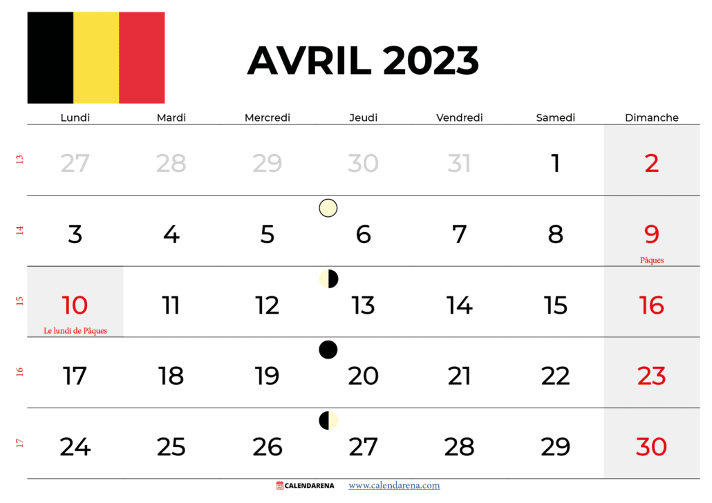calendrier avril 2023 belgique