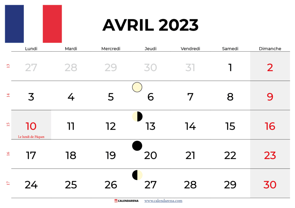 calendrier avril 2023 france