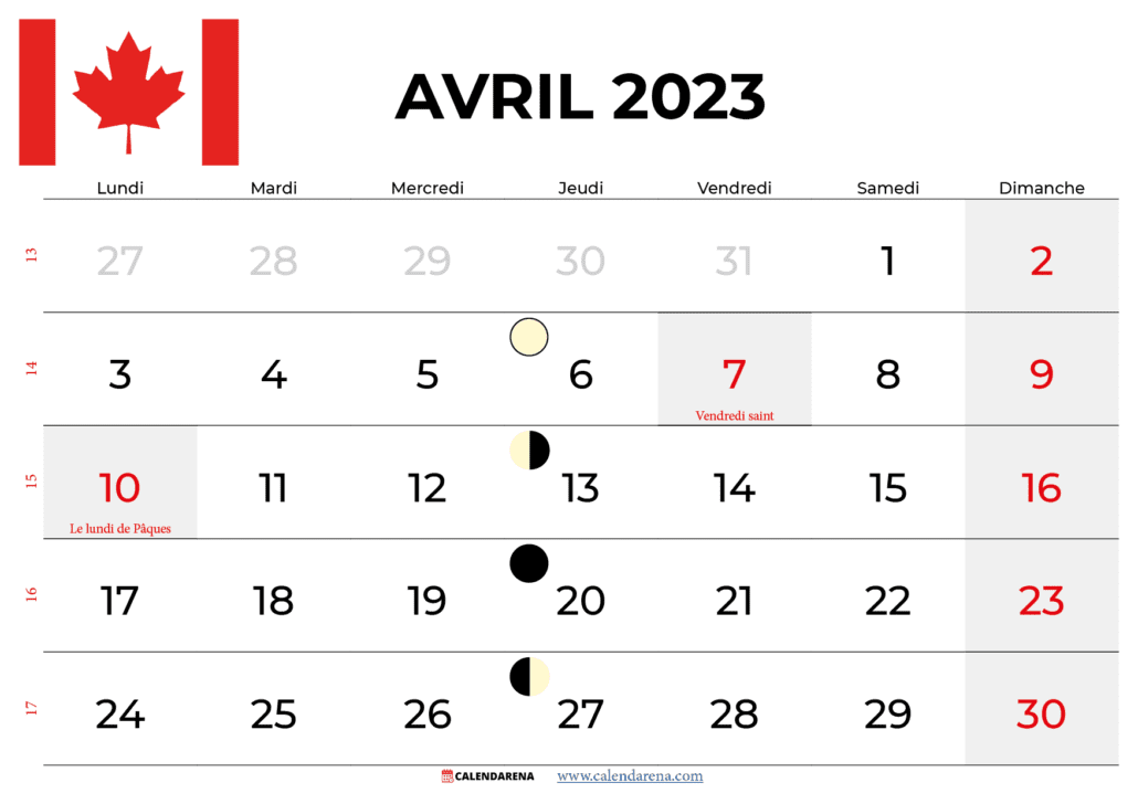 calendrier avril 2023 québec
