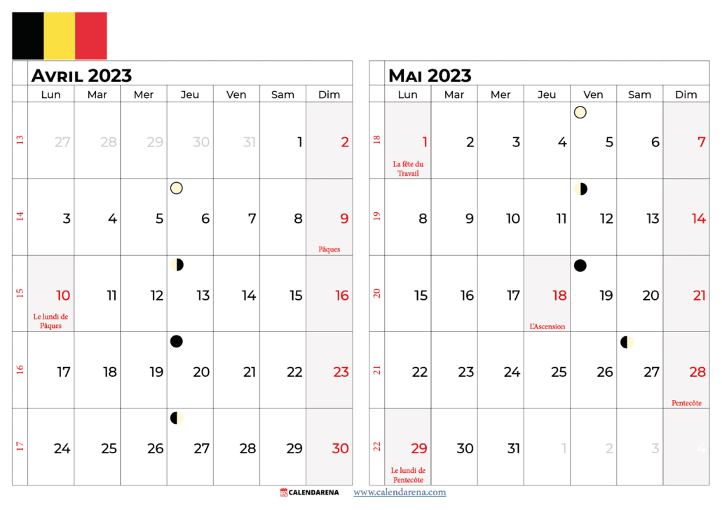calendrier avril mai 2023 belgique