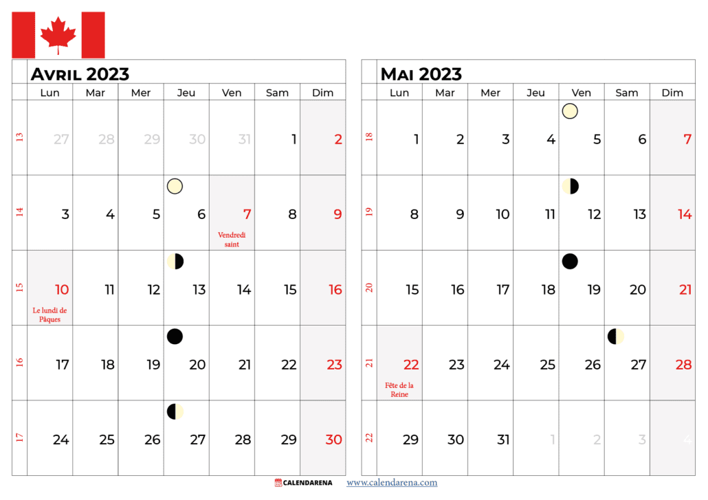 calendrier avril mai 2023 québec