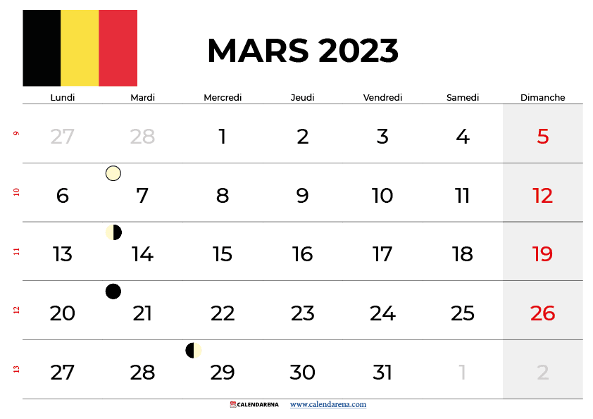 calendrier mars 2023 belgique