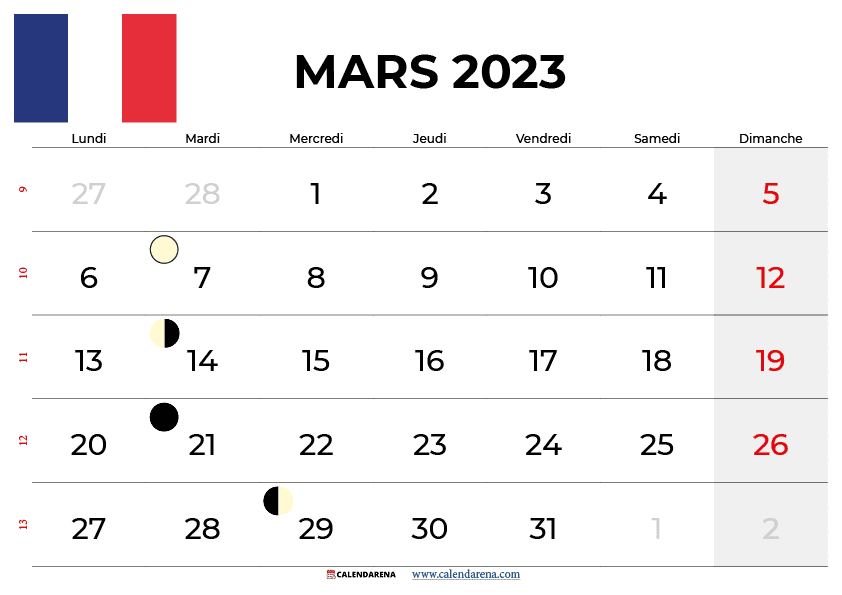 calendrier mars 2023 france