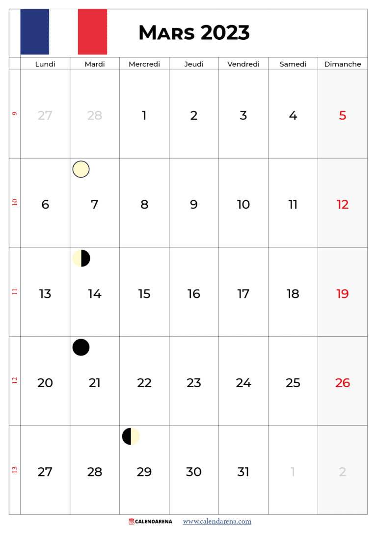 Calendrier Mars 2023 à Imprimer France Pdf