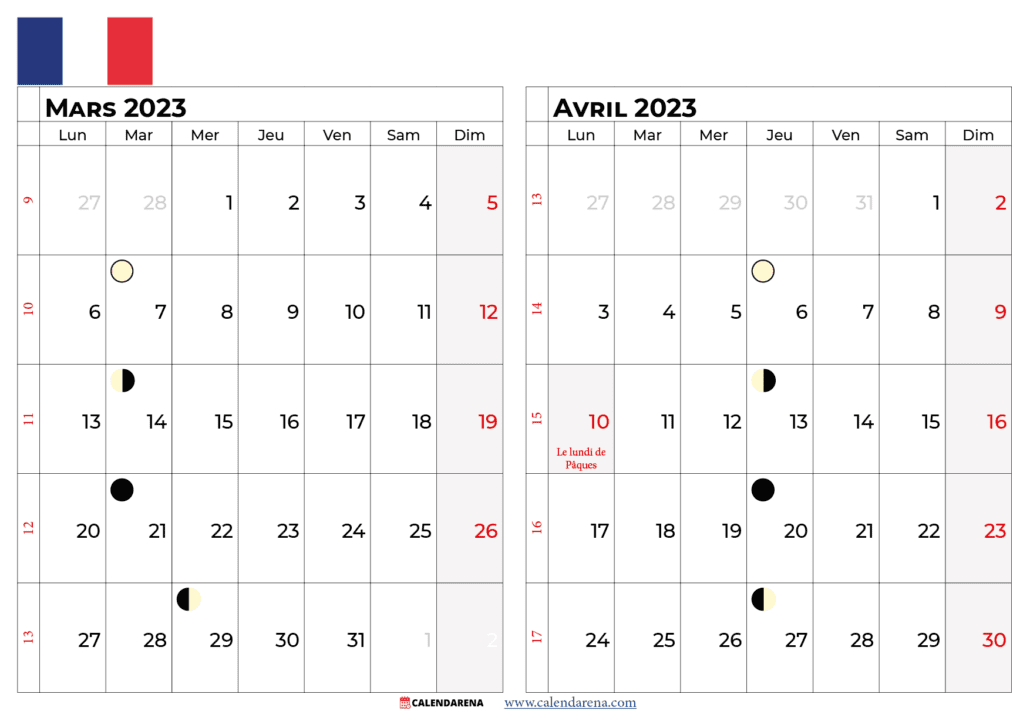 calendrier mars-avril 2023 france