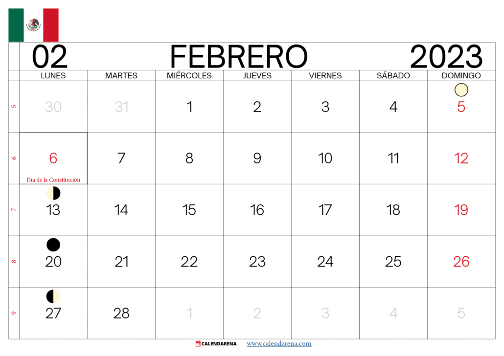 febrero 2023 calendario con festivos méxico