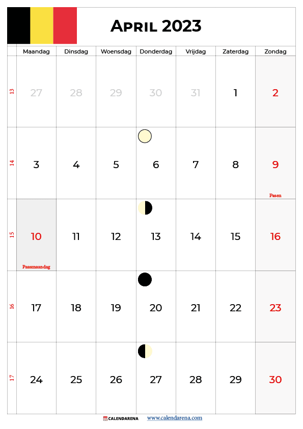 kalender april 2023 met weeknummers belgië