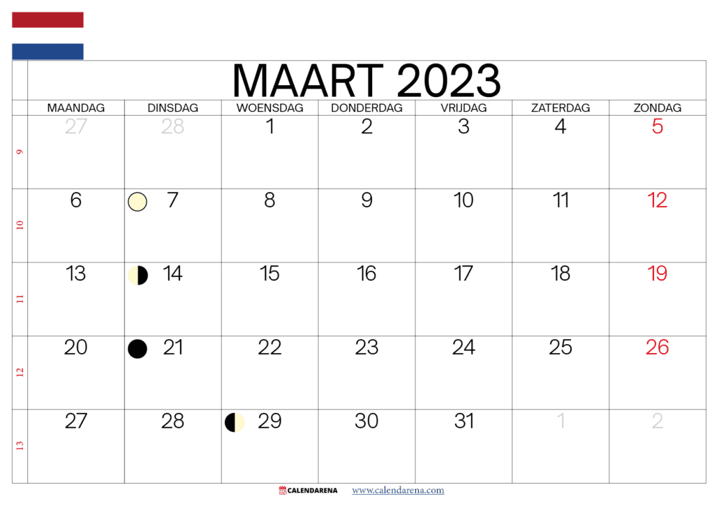 kalender maart 2023 met weeknummers nederland