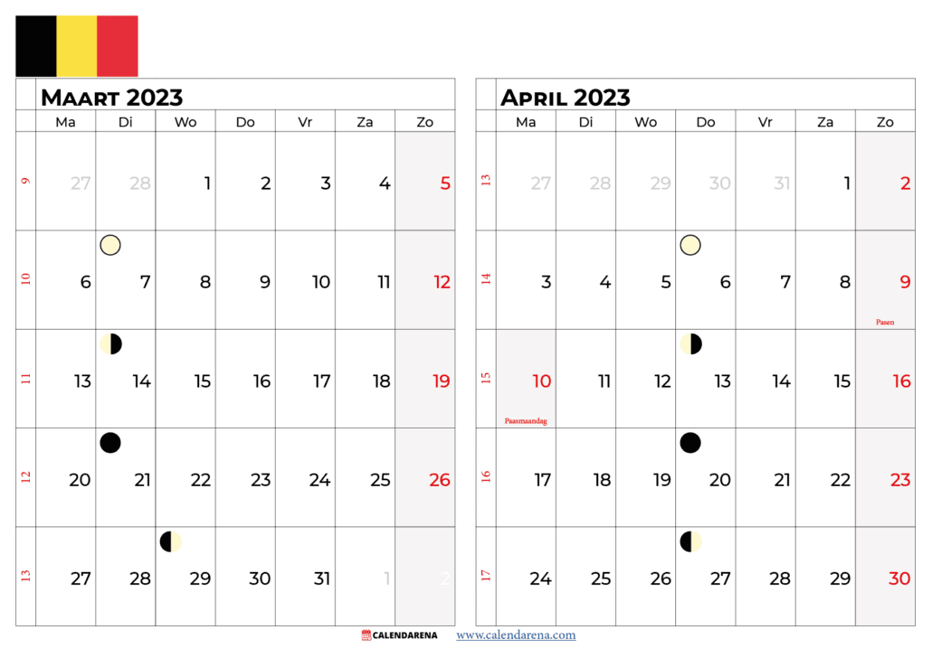 kalender maart april 2023 belgië