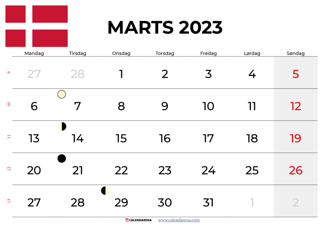 kalender marts 2023 Danmark