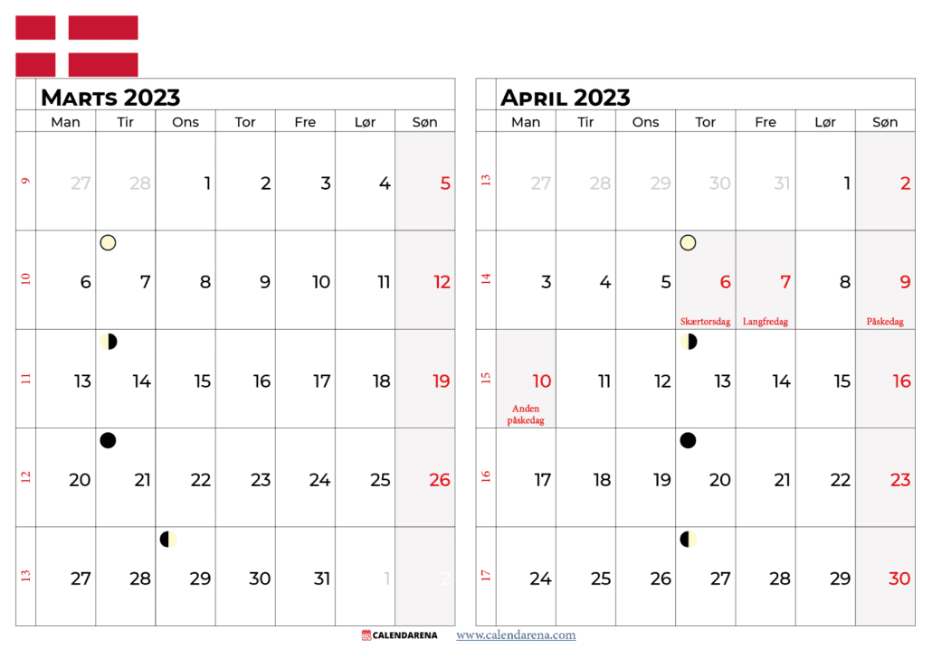 kalender marts april 2023 Danmark